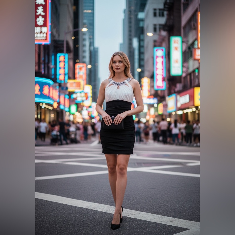 City Studio Black and White Mini Dress with Embellished Halter Neckline